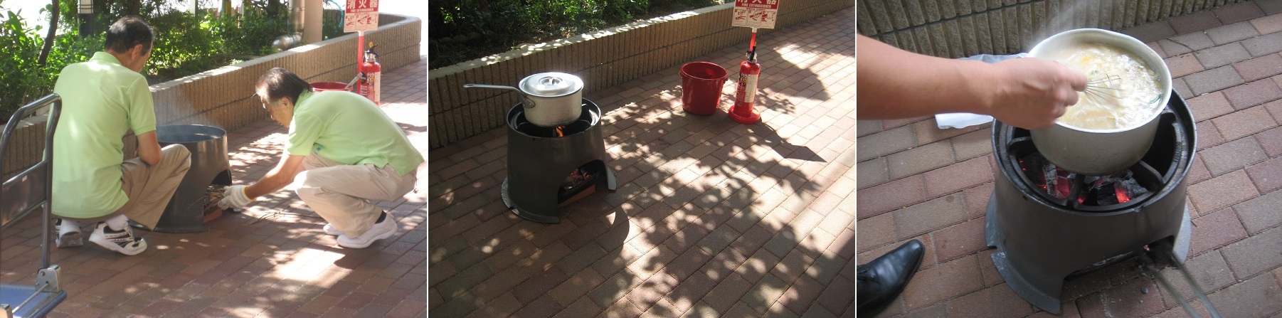 ガス、電気がなくても炊事ができるように釜戸等を装備し、実践訓練を実施
